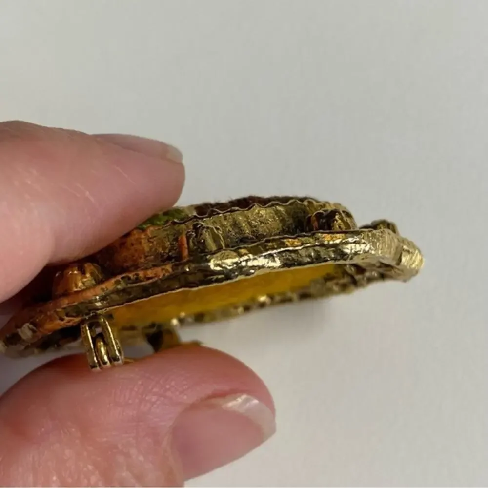 Vintage Earth Tone Gold Oval Needlepoint Brooch Flower